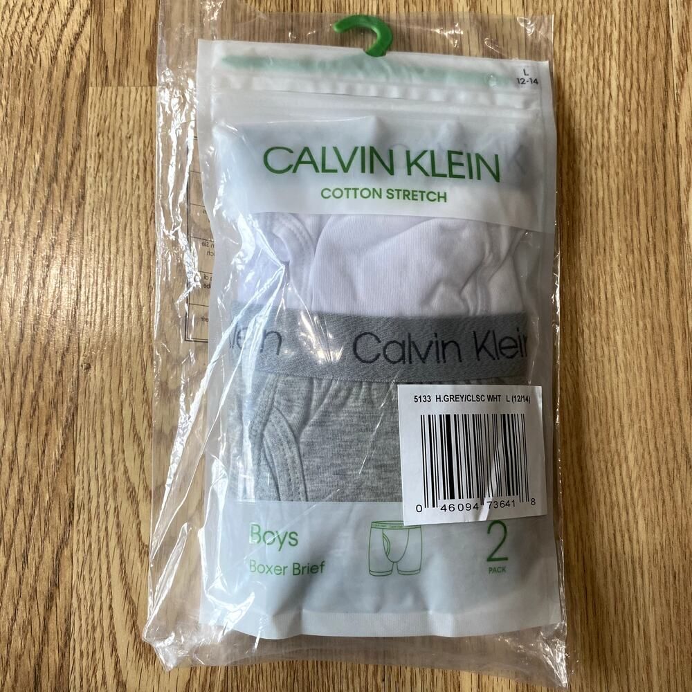 Calvin Klein 2 Pack Boys Boxer Briefs Gray White Large 12-14
